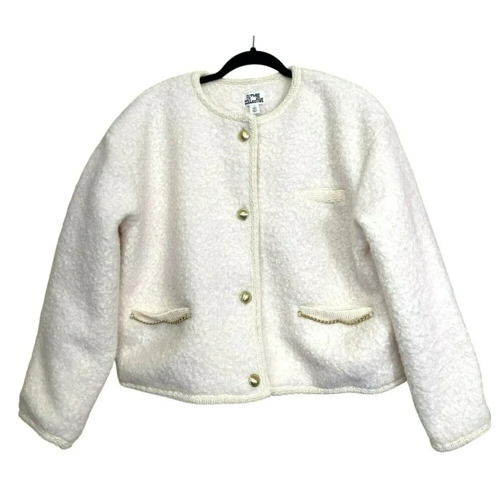 Future Collective Ivory Boucle Jacket Chain Pocket Size Large NEW